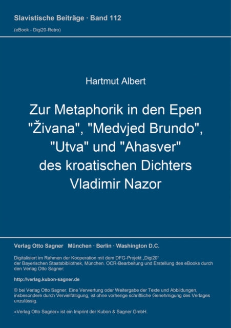 Book cover of: Zur Metaphorik in den Epen "Zivana", "Medvjed Brundo", "Utva" und "Ahasver" des kroatischen Dichters Vladimir Nazor