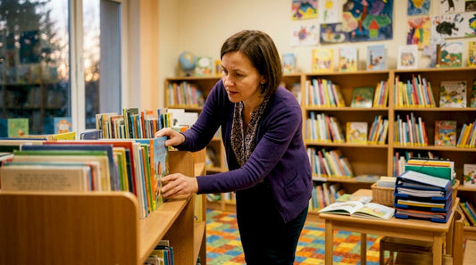 Mokytoja tvarko klasės bibliotekos knygas, rūšiuoja jas pagal temas ir padeda vaikams atrasti įdomiausius skaitinius.