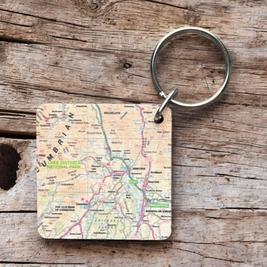 Book cover of: OS Map Wooden Square Key-ring - Lake District National Park