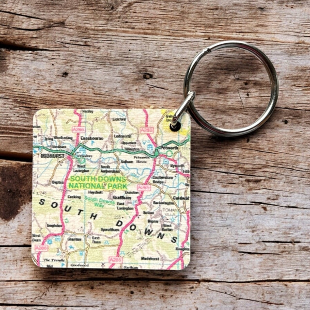 Book cover of: OS Map Wooden Square Key-ring - South Downs National Park