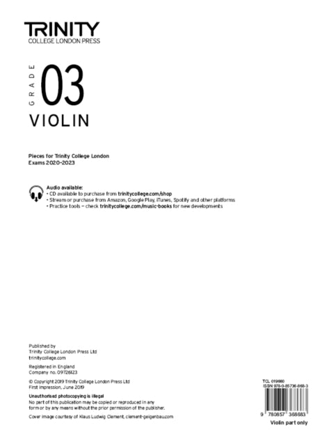 Book cover of: Trinity College London Violin Exam Pieces From 2020: Grade 3 (part only). By: Trinity College London