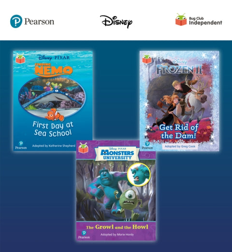 Pearson Bug Club Disney Reception Pack A, including decodable phonics readers for phases 1 to 3; Finding Nemo: First Day at Sea School, Frozen 2: Get Rid of the Dam! and Monsters, Inc: The Growl and the Howl