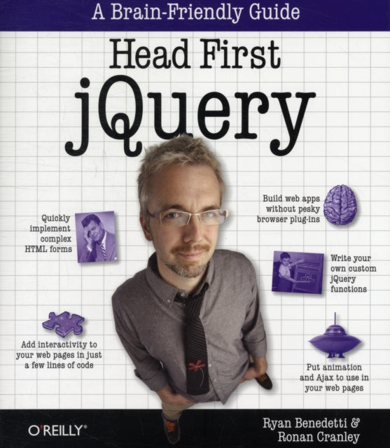 Book cover of: Head First jQuery. By: Ryan Benedetti