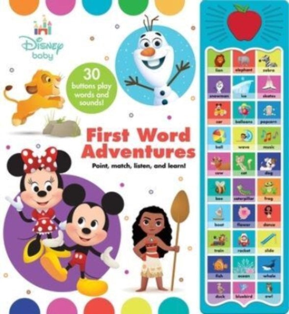 Book cover of: Apple Disney Baby First Word Adventures Sound Book. By: PI Kids