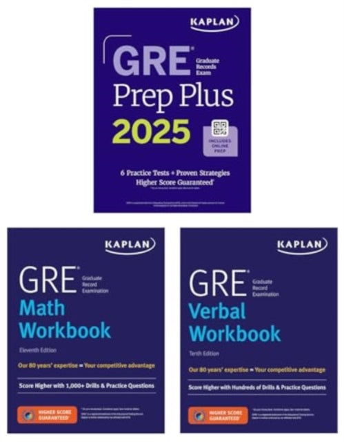 Book cover of: GRE Complete Ninth Edition (2025): Includes 6 Full Length Practice Tests, 2500+ Practice Questions + Online Access to 1000+ Question Bank, Video Explanations, and a Kaplan Live Online Class. By: Kaplan Test Prep