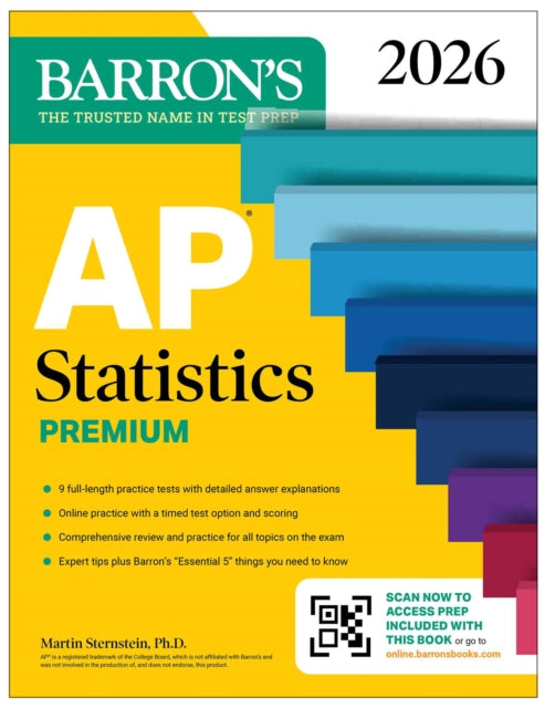 Book cover of: AP Statistics Premium, 2026: Prep Book with 9 Practice Tests + Comprehensive Review + Online Practice. By: Barron's Educational Barron's Educational Series