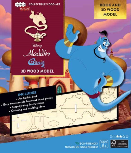 Book cover of: IncrediBuilds Disney’s Aladdin: Genie Book and 3D Wood Model. By: Molly Kempf Hodgins