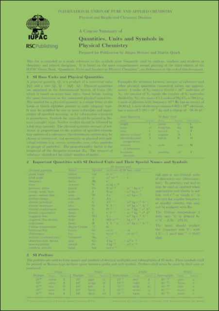 Book cover of: Concise Summary of Quantities, Units and Symbols in Physical Chemistry. By: Jüergen Stohner