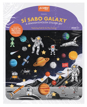 Si Sabo Galaxy: A Bilingual Reusable Sticker Play Set, Learn Spanish-English Language Skills with 30+ Glow-in-the-Dark Stickers and 2 Fold-Out Play & Go Scenes