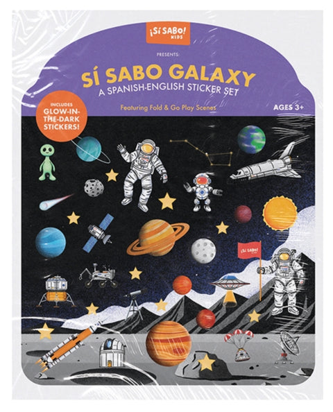 Si Sabo Galaxy: A Bilingual Reusable Sticker Play Set, Learn Spanish-English Language Skills with 30+ Glow-in-the-Dark Stickers and 2 Fold-Out Play & Go Scenes